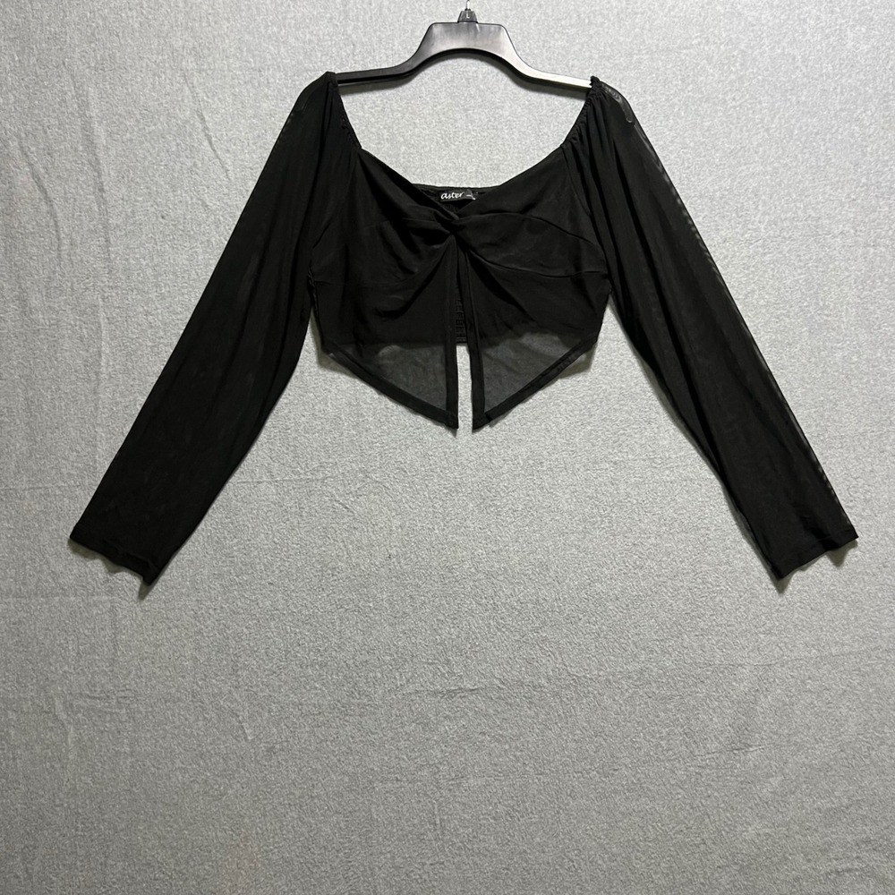 Aster Y2K Black Sheer Mesh Long Sleeve Twist Front Smocked Back Crop Top Large